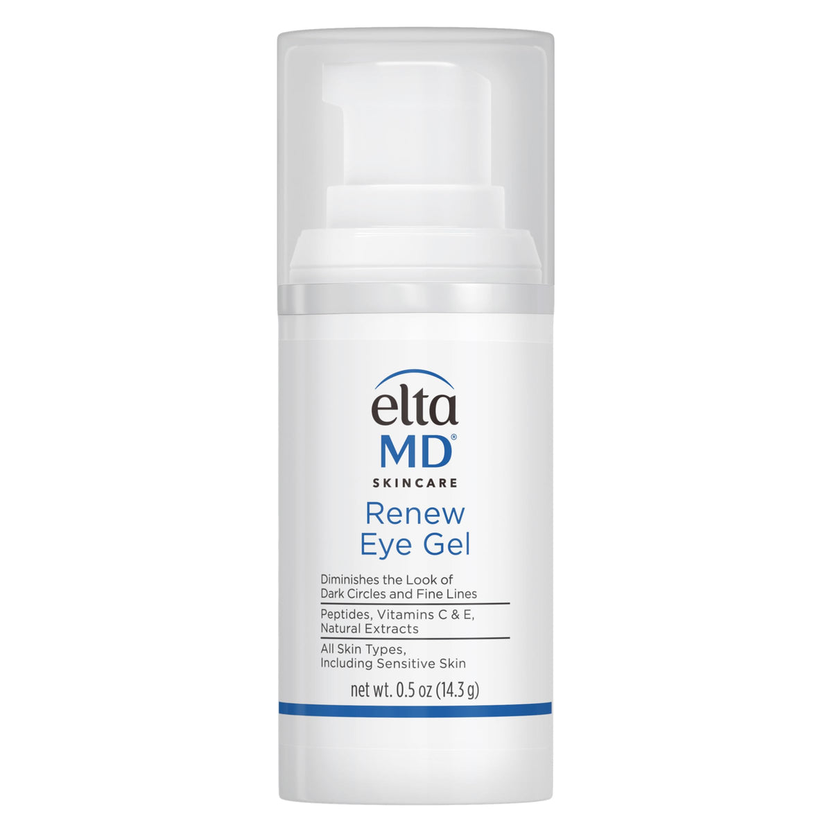 EltaMD Renew Eye Gel pump bottle front view showing sleek packaging and easy dispensing benefit