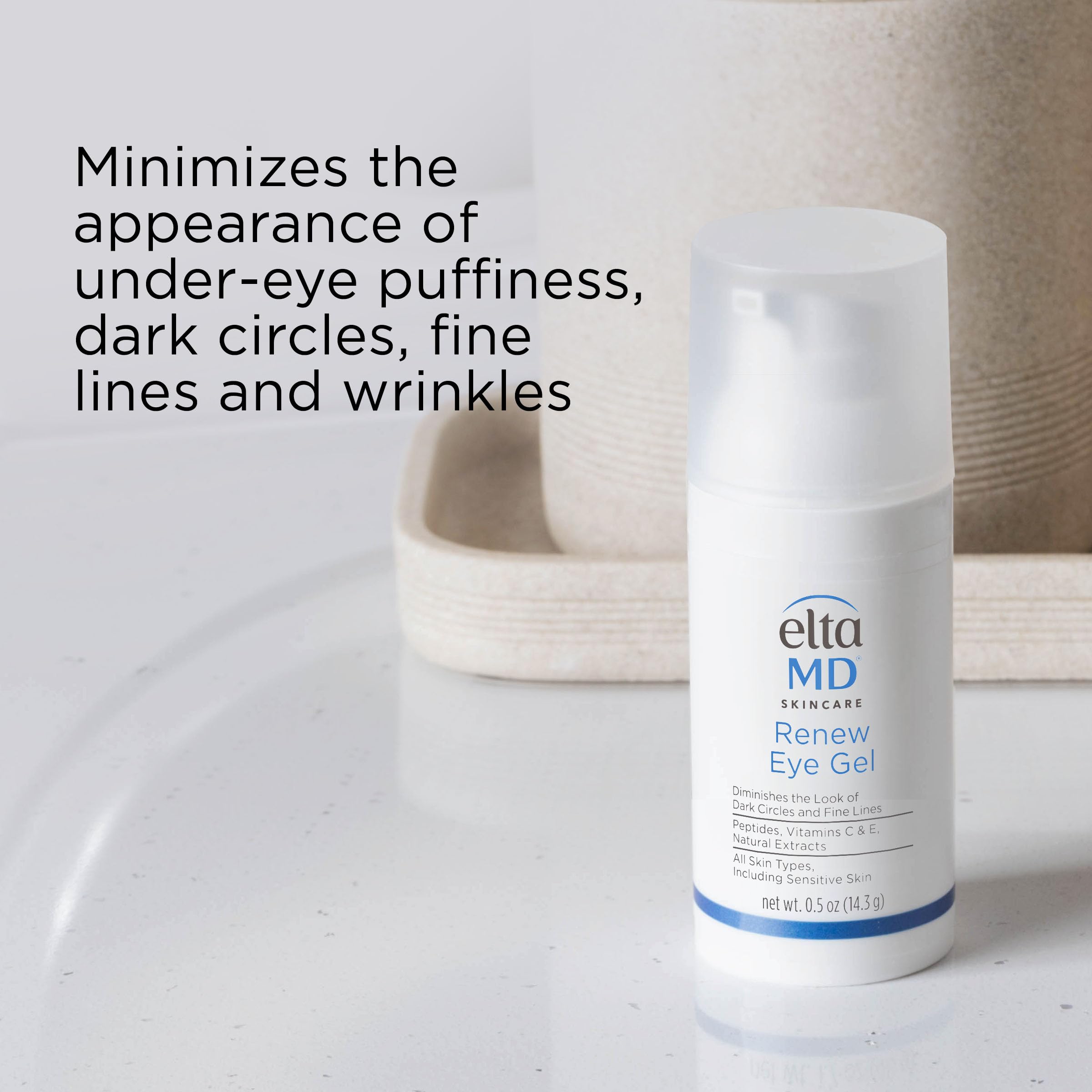 Hand holding EltaMD Renew Eye Gel showing 0.5 oz scale for travel-friendly benefit