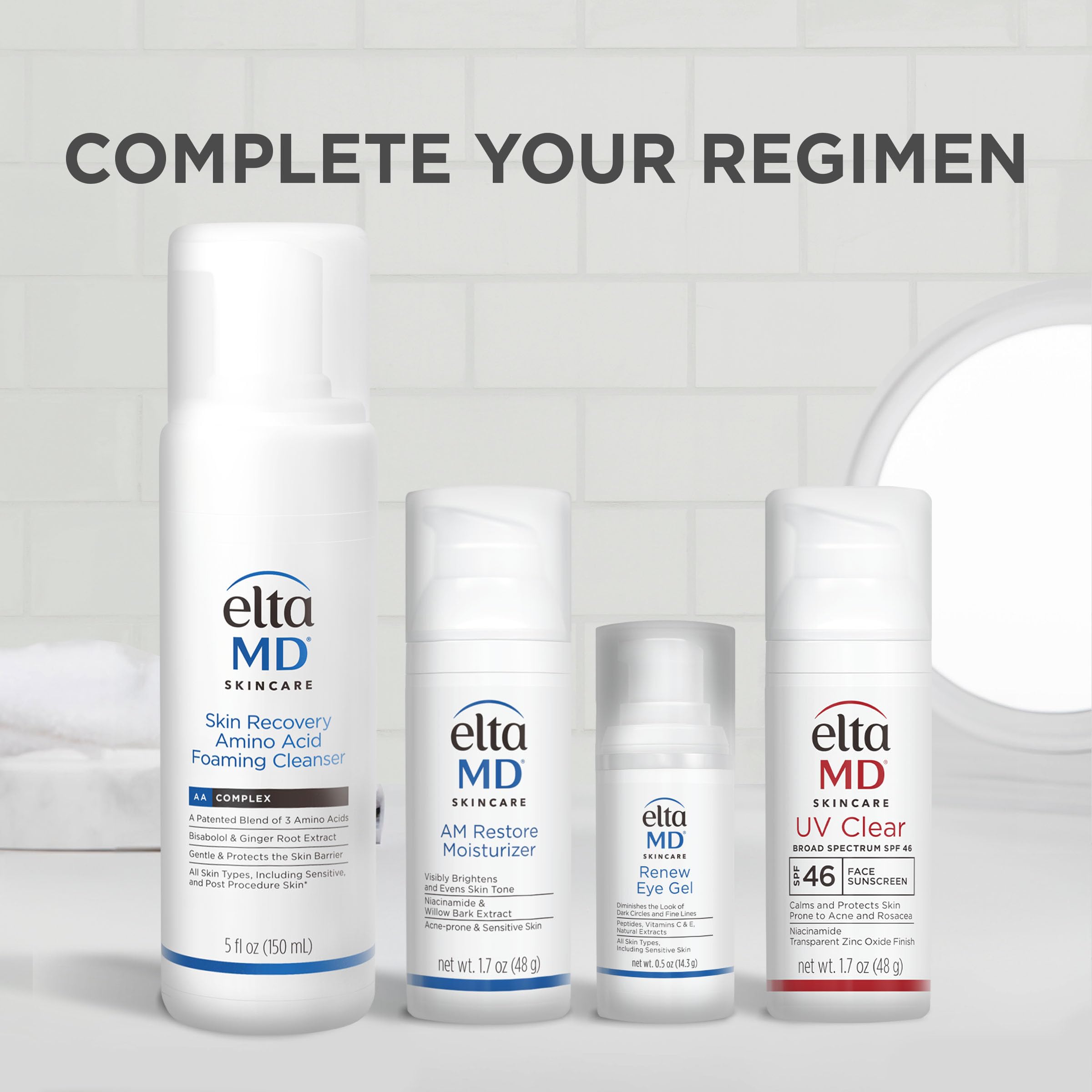Close-up of EltaMD Renew Eye Gel label emphasizing fragrance-free and ophthalmologist-tested benefit