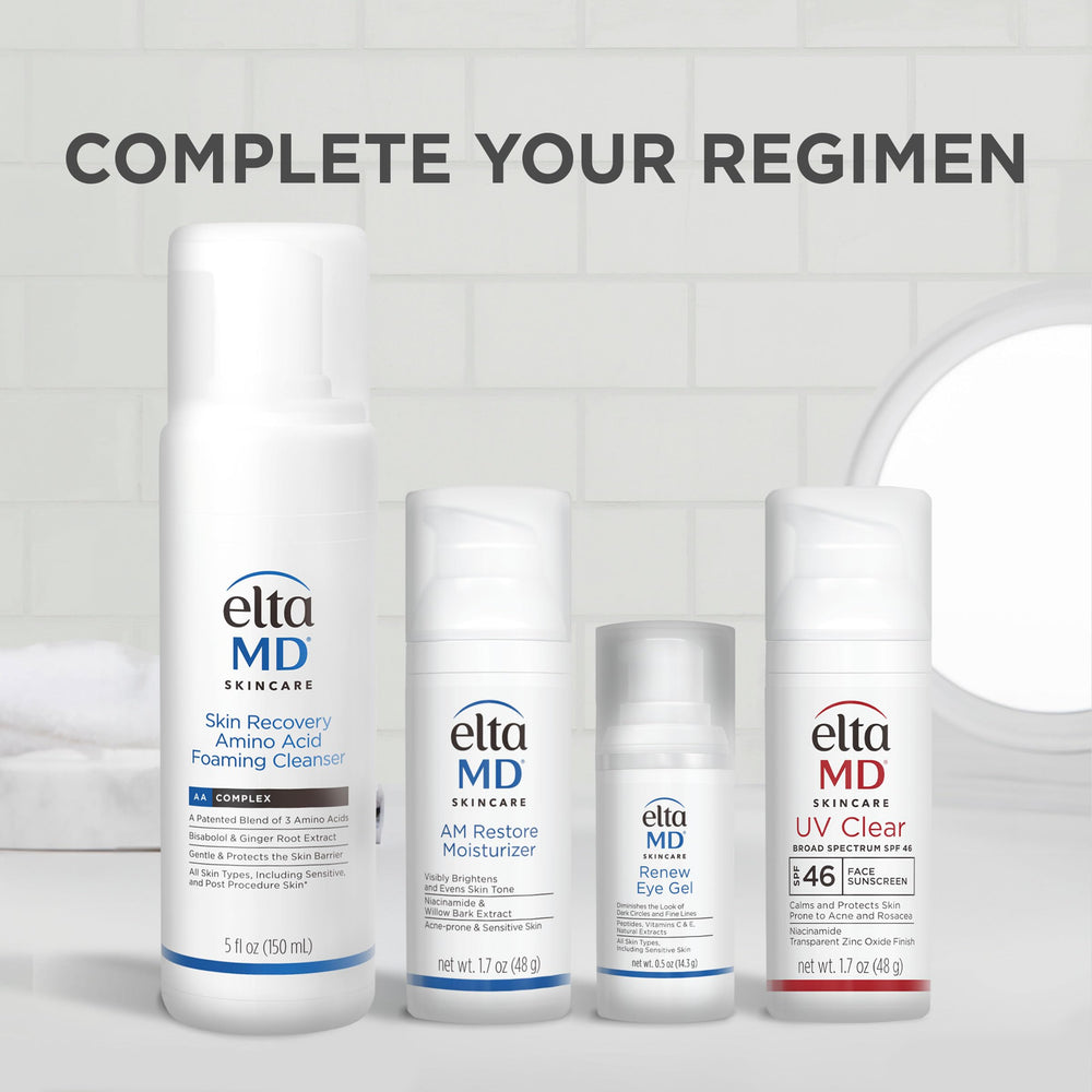 Close-up of EltaMD Renew Eye Gel label emphasizing fragrance-free and ophthalmologist-tested benefit