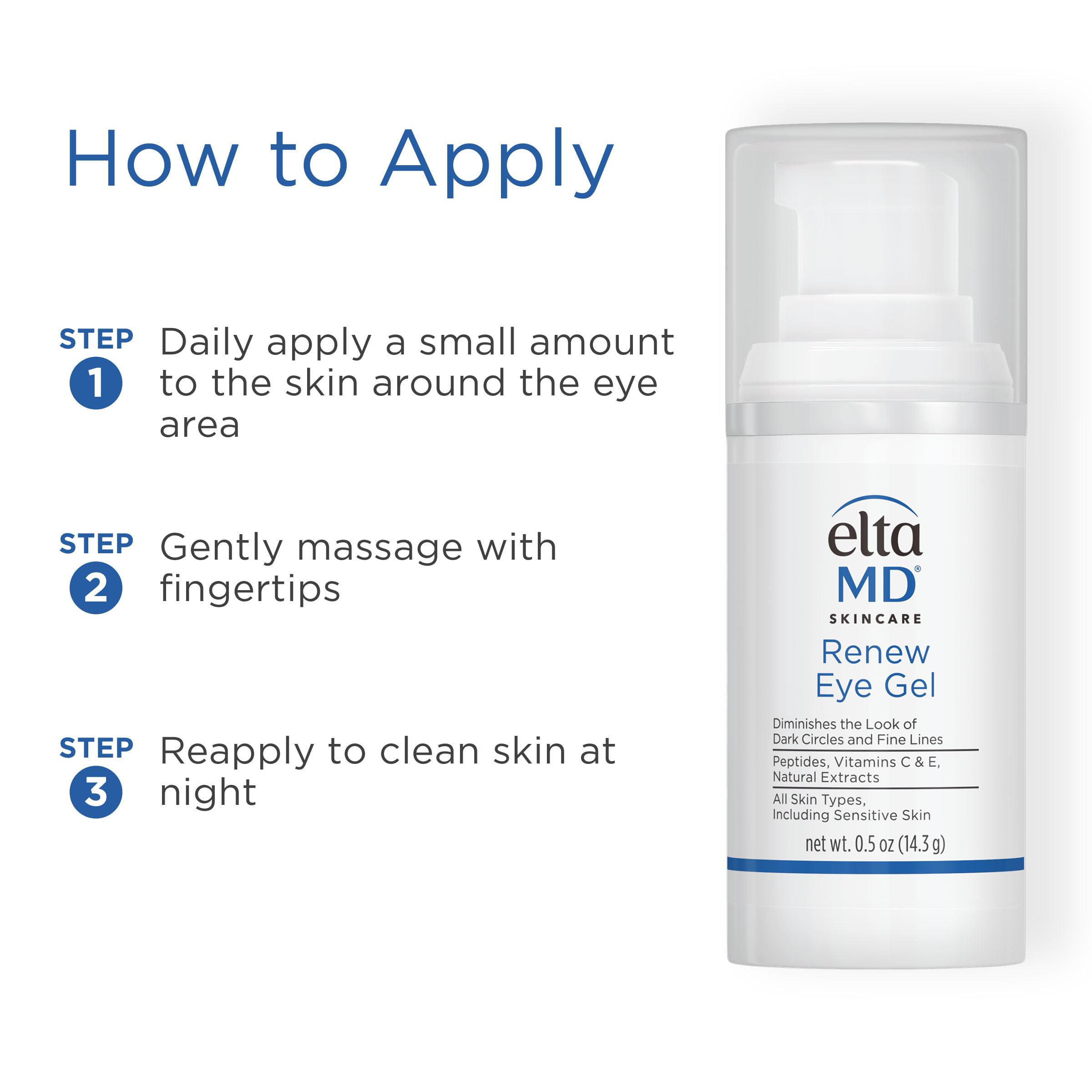 Applying EltaMD Renew Eye Gel under eye demonstrating smoothing and brightening benefit