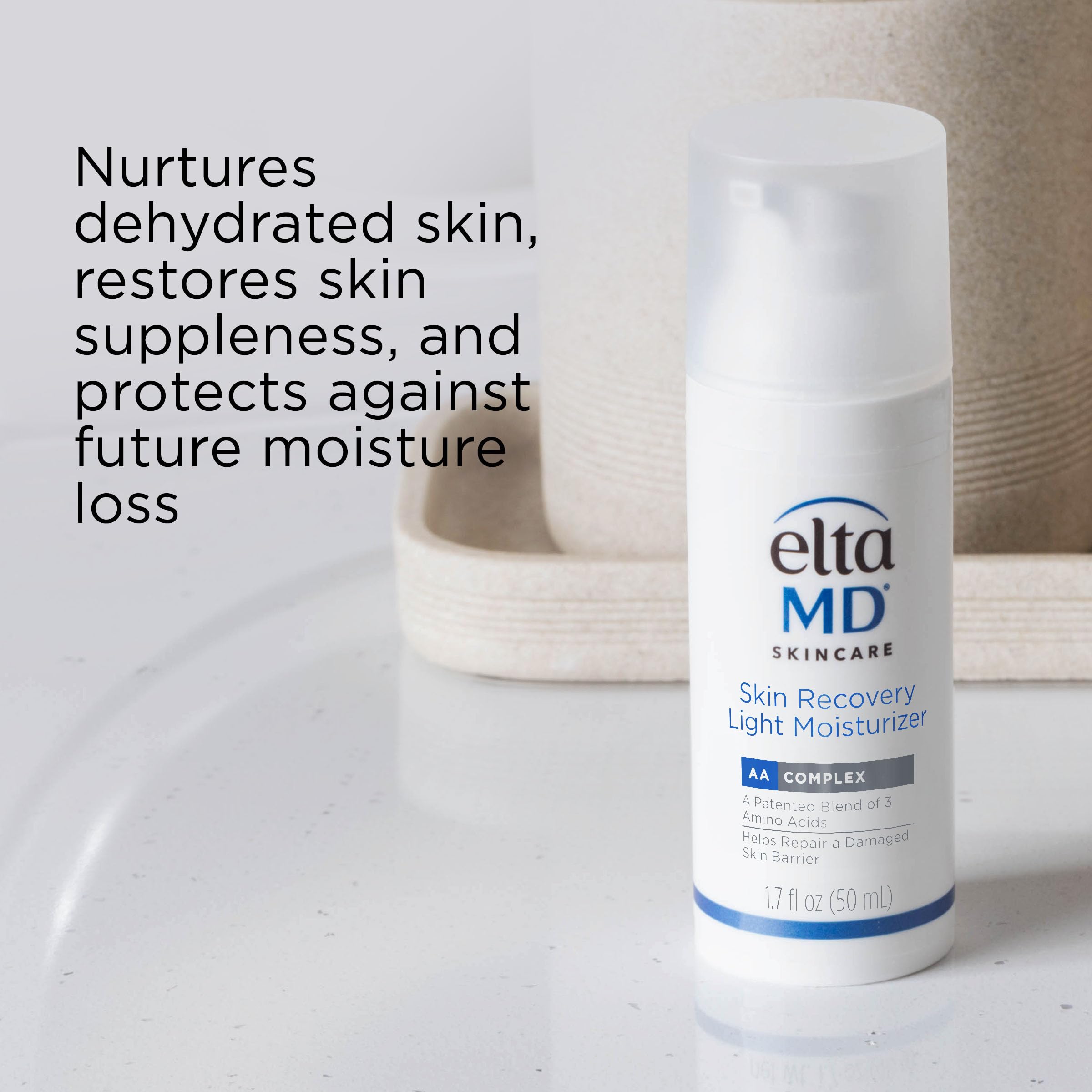 EltaMD bottle next to a ruler showing 1.7 oz size for travel-friendly benefit