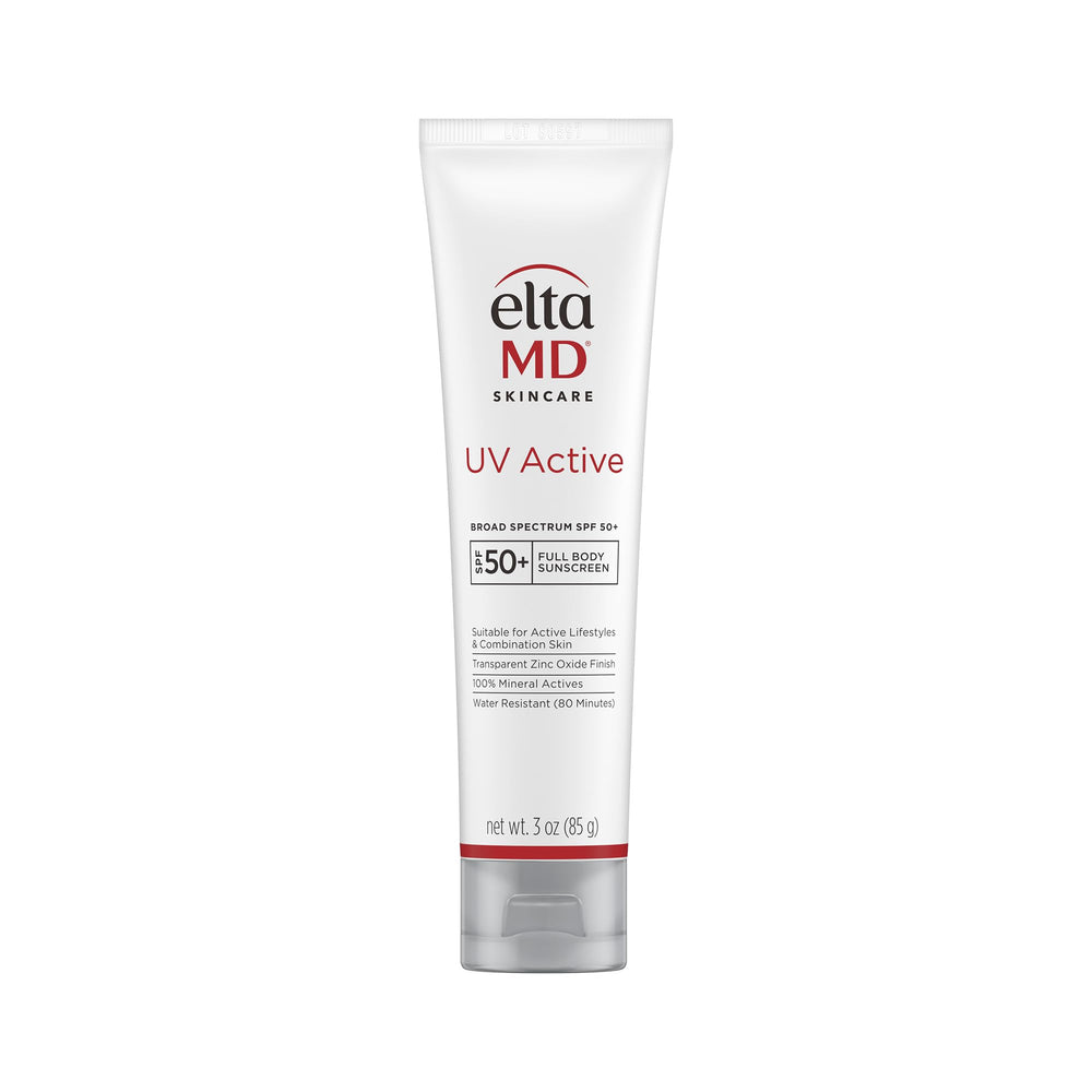 EltaMD UV Active front tube showing branding and SPF 50+ protection benefits