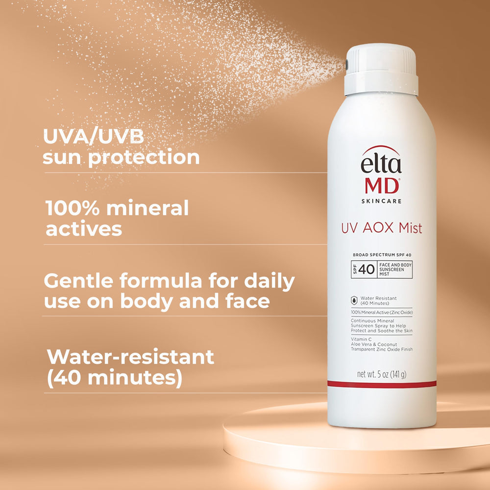 EltaMD fine mist spraying from nozzle for even, visible application coverage