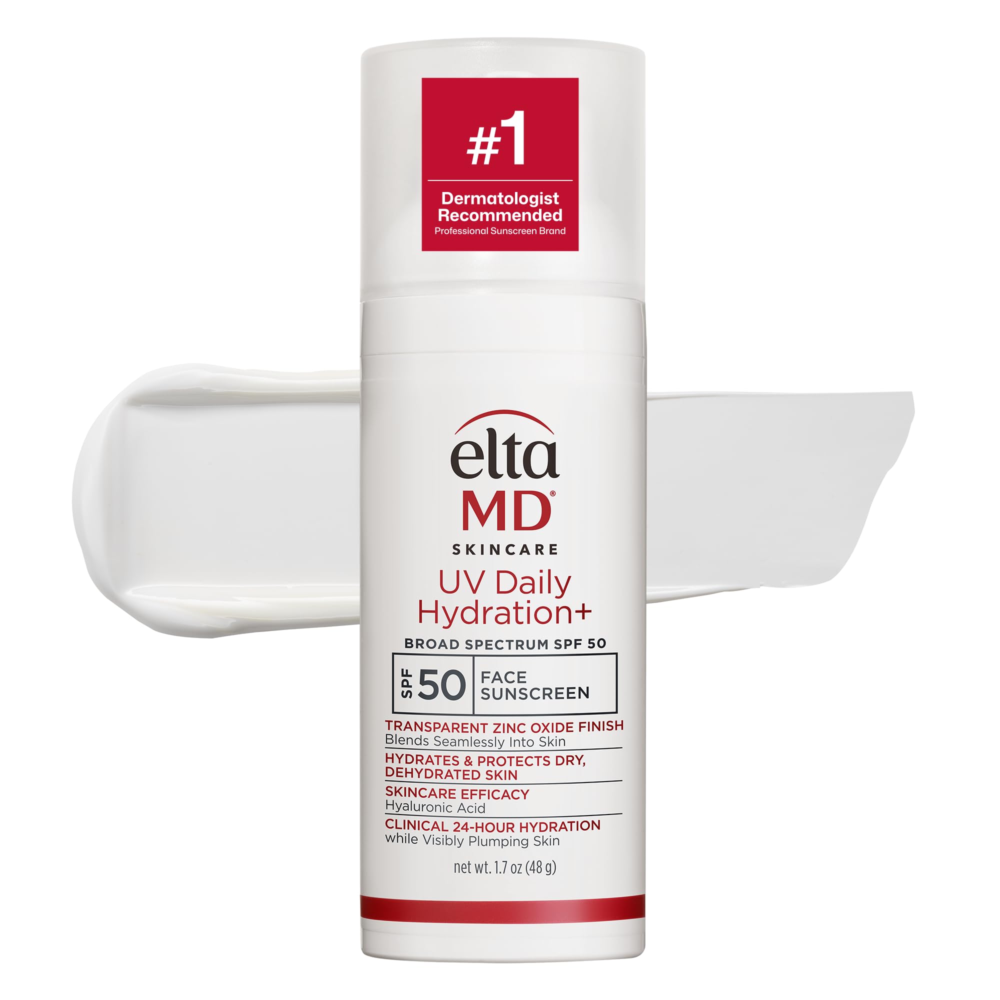 EltaMD UV Daily Hydration+ front pump bottle showing clean design and SPF 50 benefit