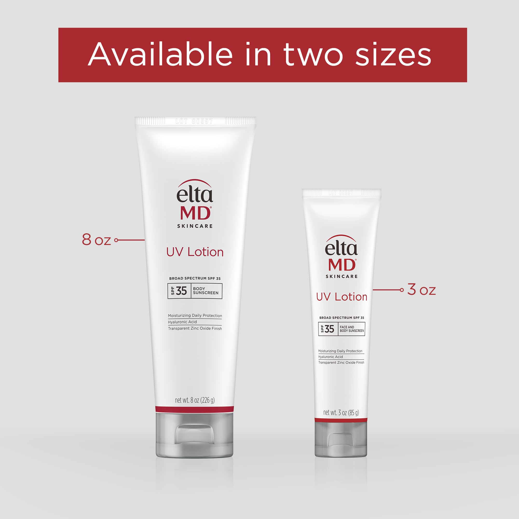 EltaMD UV Lotion 3.0 oz beside a hand for scale to show travel-friendly size