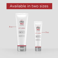 EltaMD UV Lotion 3.0 oz beside a hand for scale to show travel-friendly size