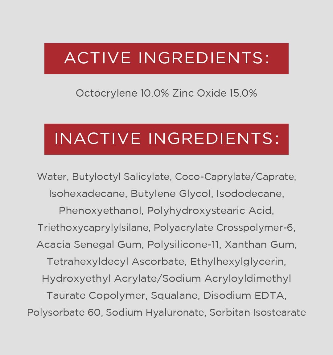 EltaMD ingredient label close-up showing zinc oxide, hyaluronic acid benefit
