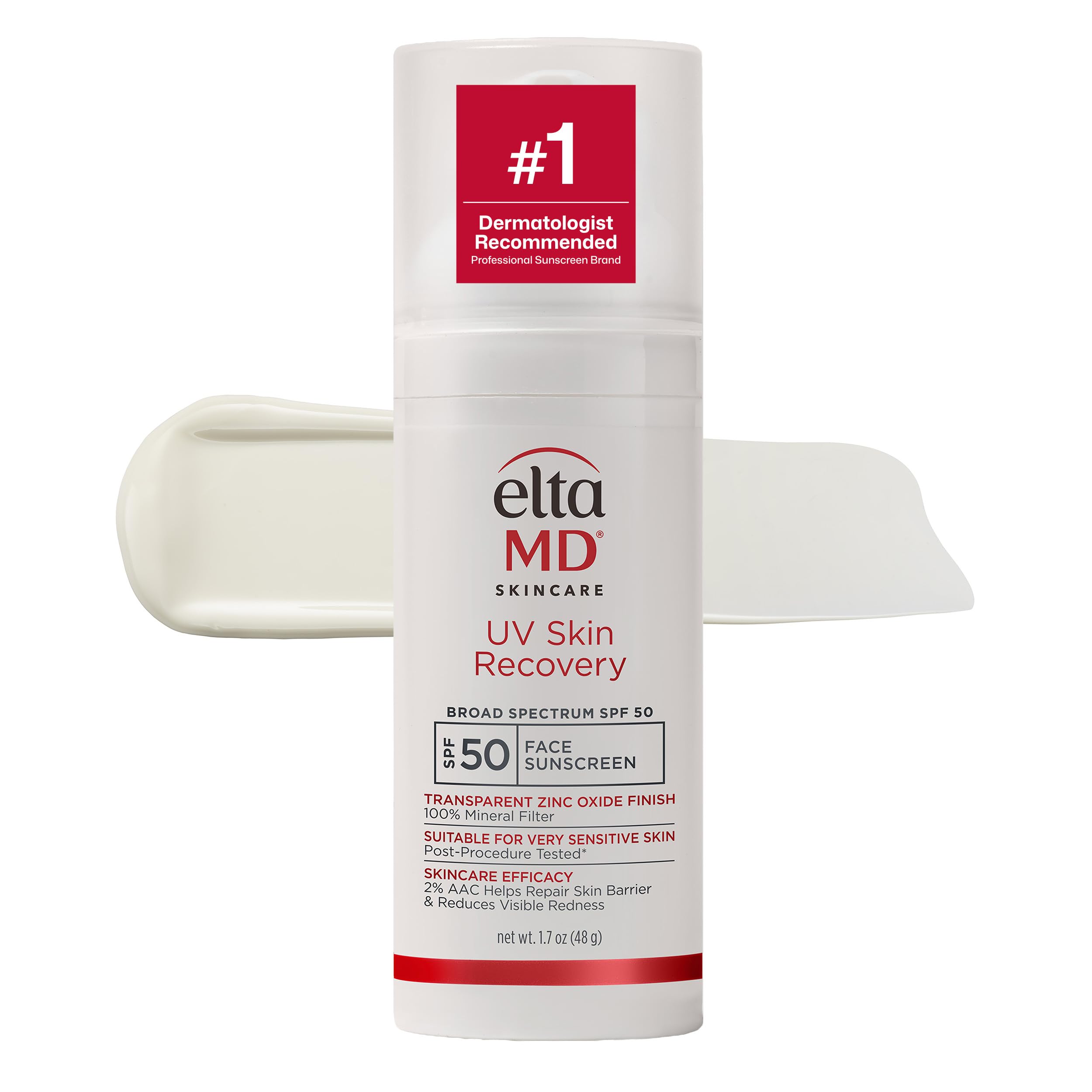 EltaMD UV Skin Recovery pump bottle front shows SPF 50 protection and portability
