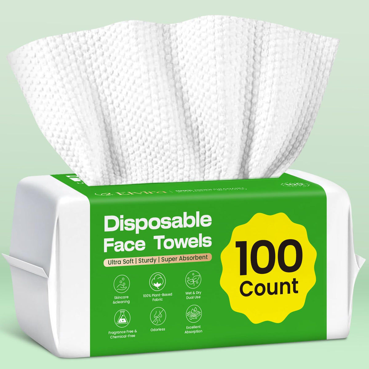 Elvira front packaging showing 100-count biodegradable towels and convenience