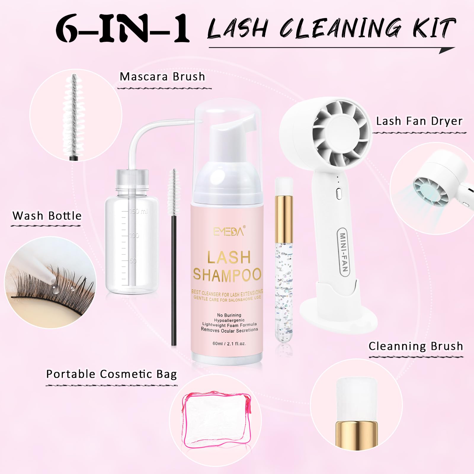 EMEDA 60ml lash shampoo bottle close-up highlighting oil-free cleanser