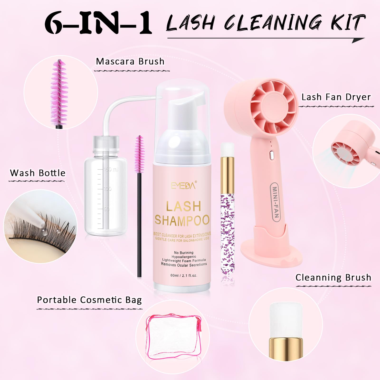 EMEDA lash shampoo bottle close-up highlighting gentle oil-free formula benefit