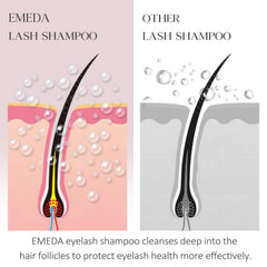 EMEDA foam being applied to lashes with brush for safe extension cleaning
