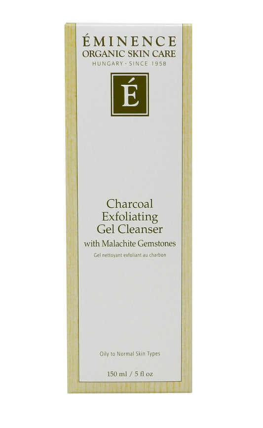 ÉMINENCE close-up gel texture with charcoal particles, shows gentle exfoliation
