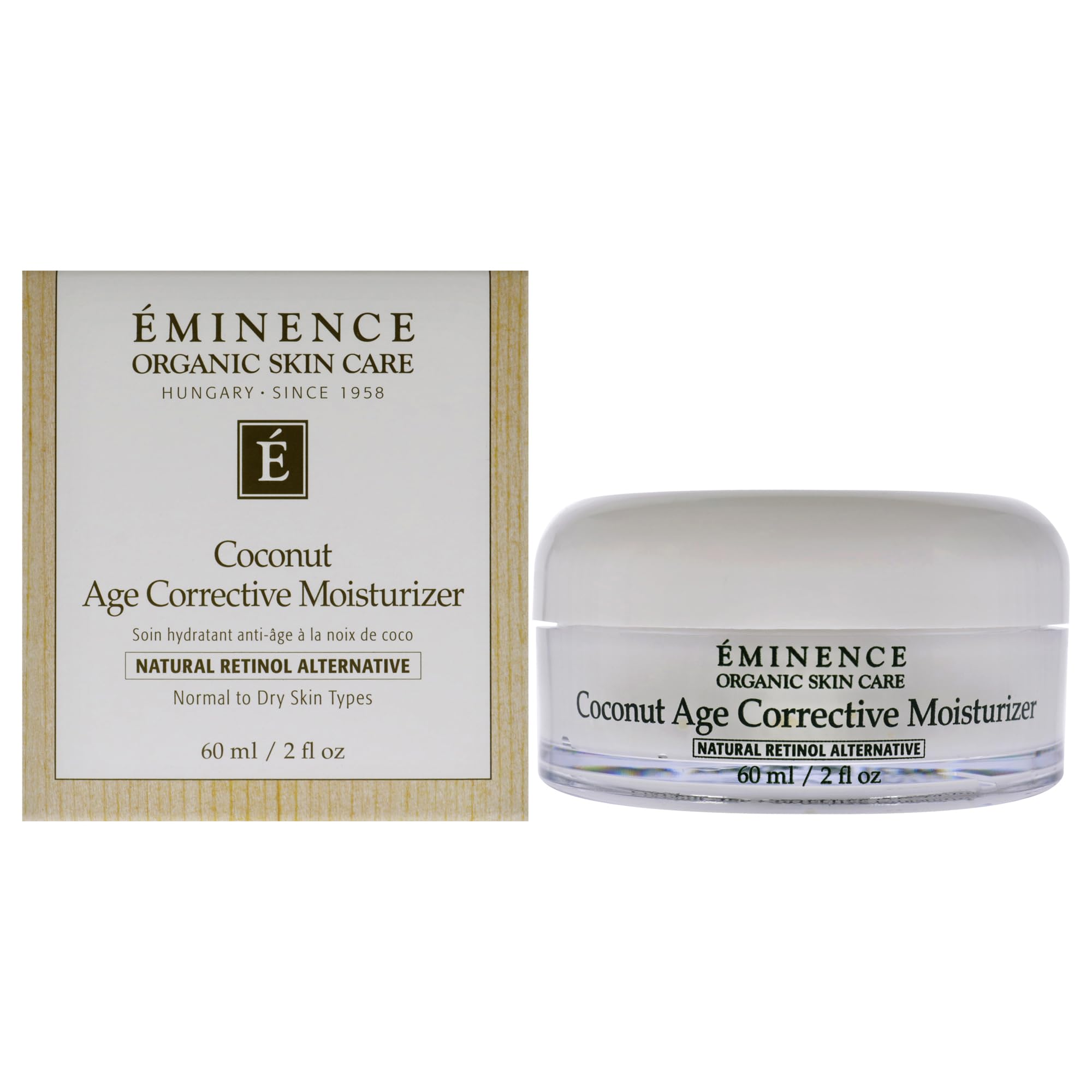Eminence jar front view showing clean organic packaging and product name benefits