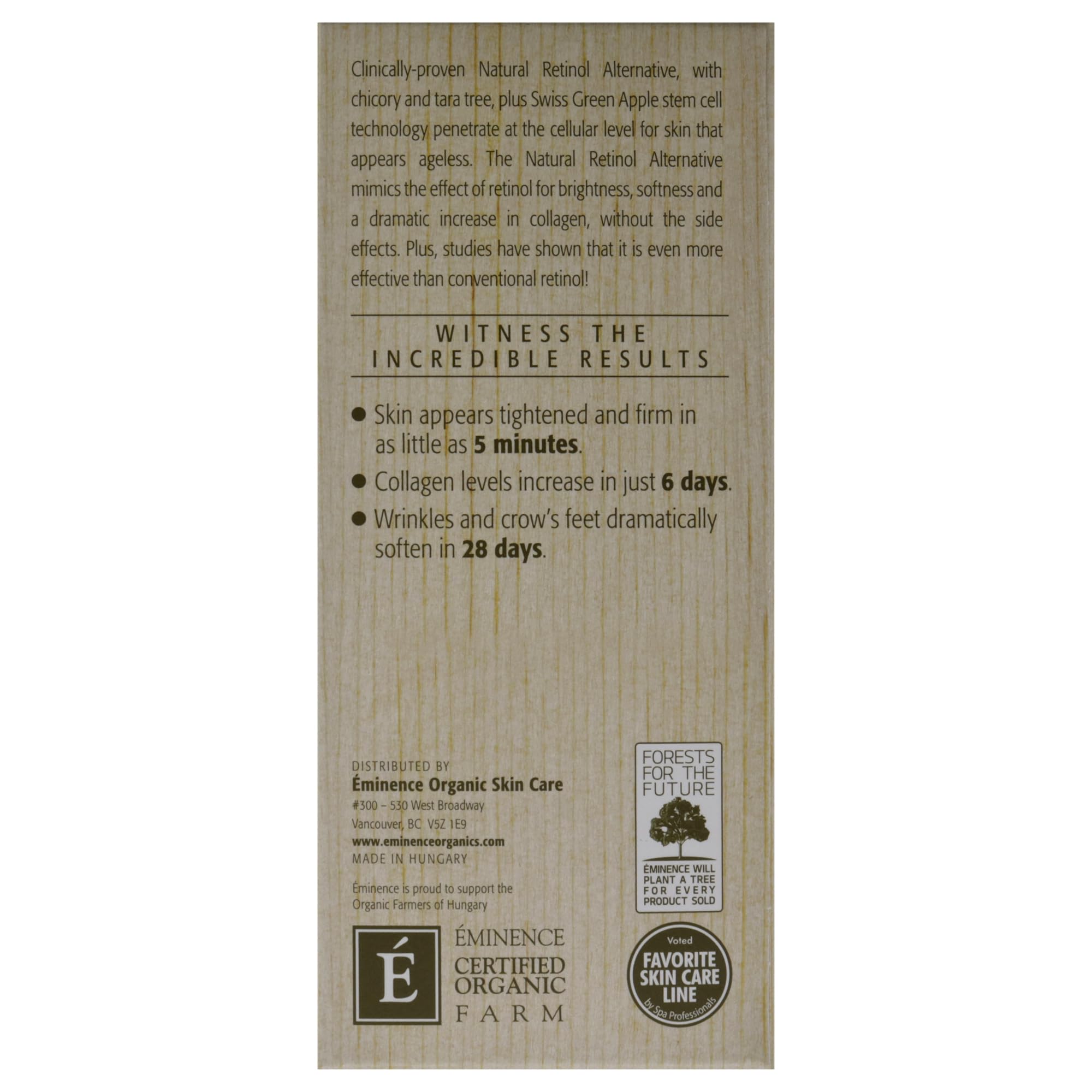 Eminence back label close-up showing ingredient list and Hungary origin for transparency benefit