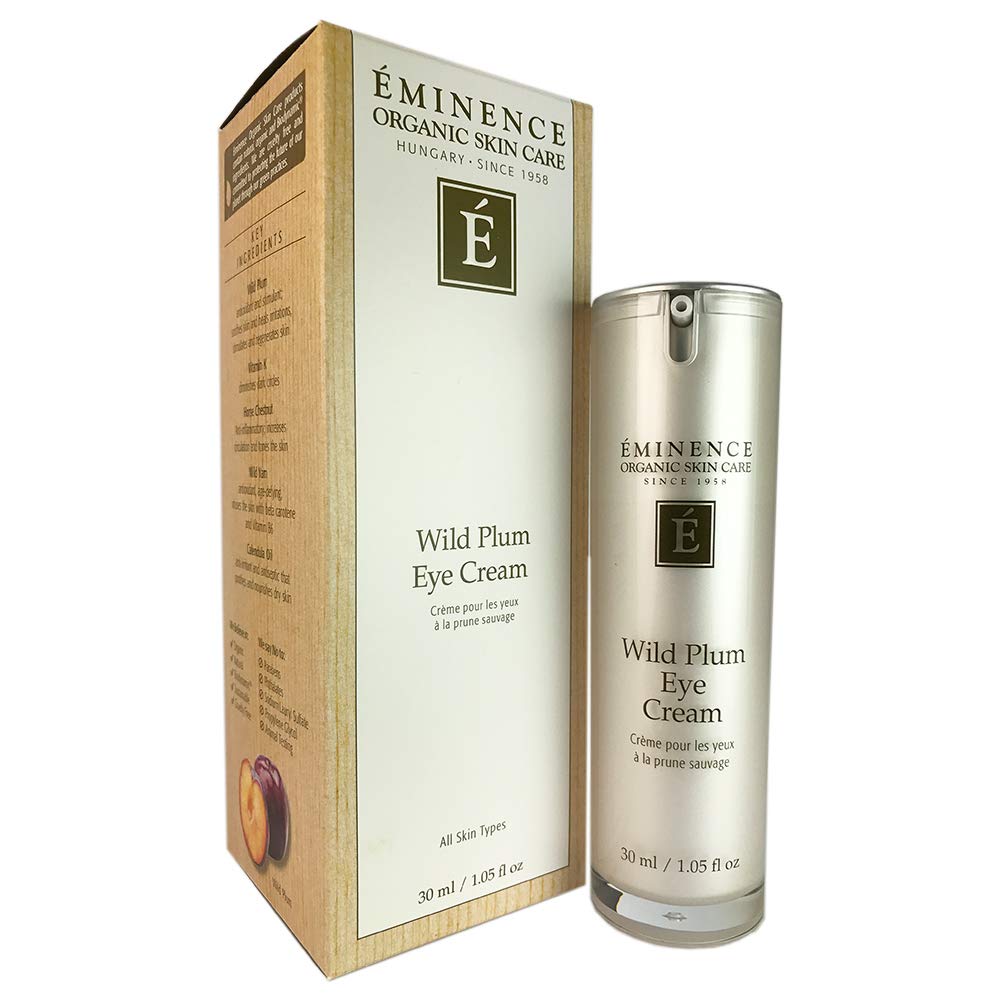 Eminence wild plum eye cream front packaging shows jar and brightening benefit