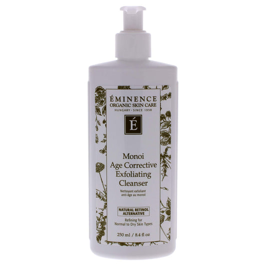Eminence front packaging of Monoi exfoliating cleanser shows product and size benefit