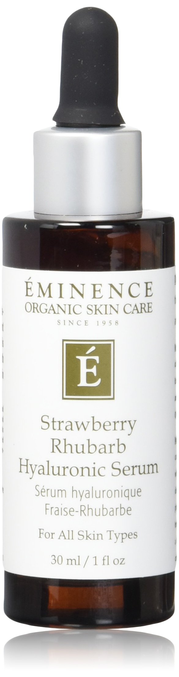 Eminence strawberry rhubarb hyaluronic serum front bottle showing label and benefits