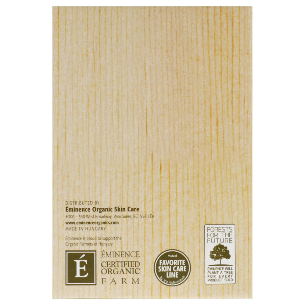 Eminence product label close-up detailing hyaluronic and botanical ingredients benefits