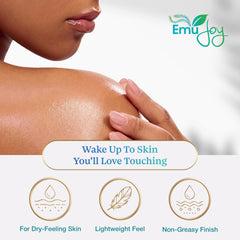 Emu Joy oil texture drops on skin showing quick absorption