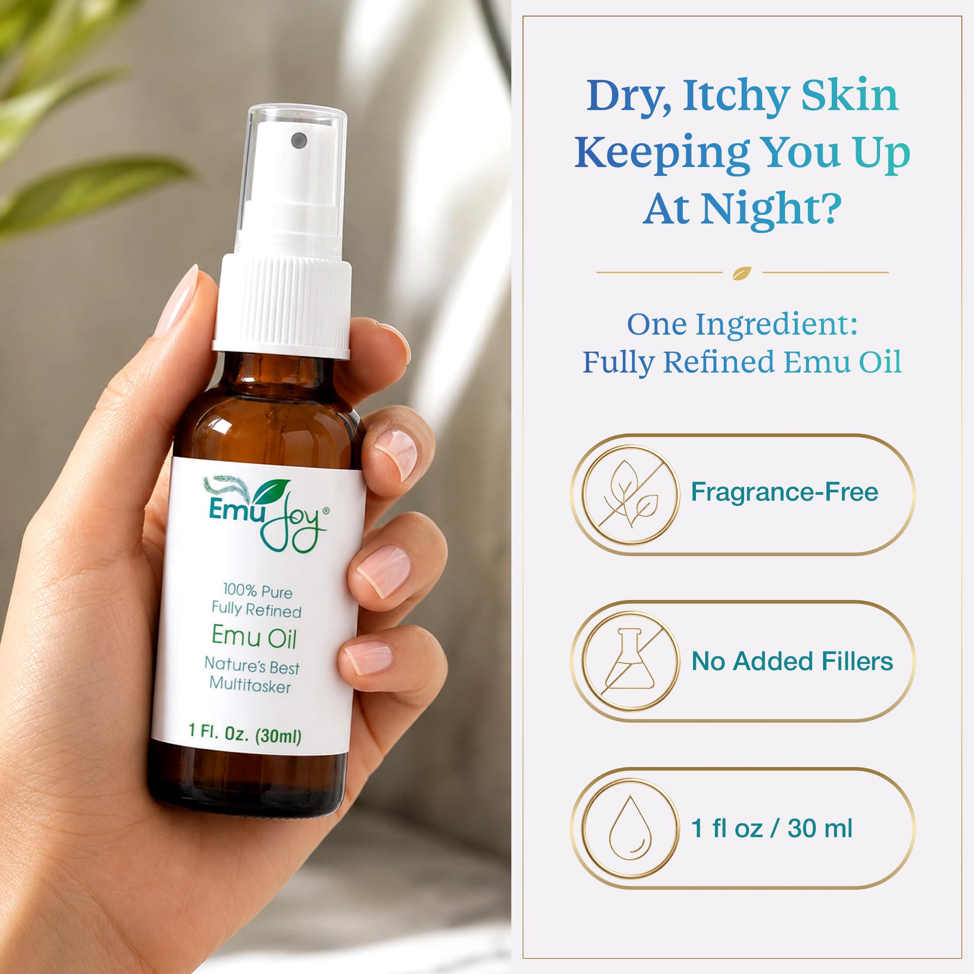 Emu Joy pump and cap detail highlighting easy dispensing benefit