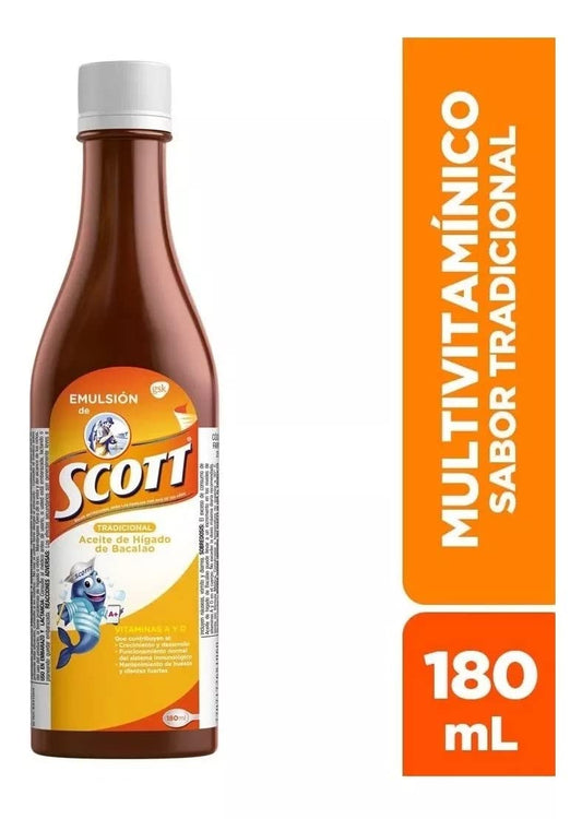 emulsion de scott bottle close-up on label and texture, highlighting vitamins A and D content