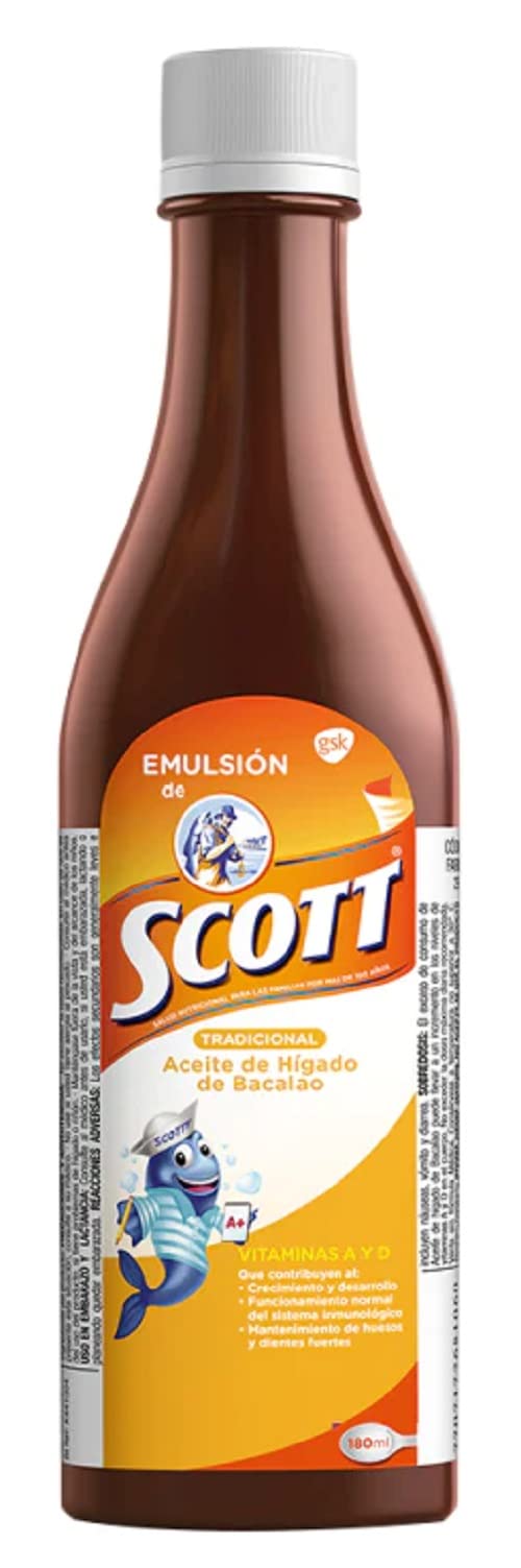 emulsion de scott front packaging showing bottle and label, clear product identity and benefits