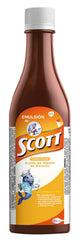 emulsion de scott front packaging showing bottle and label, clear product identity and benefits