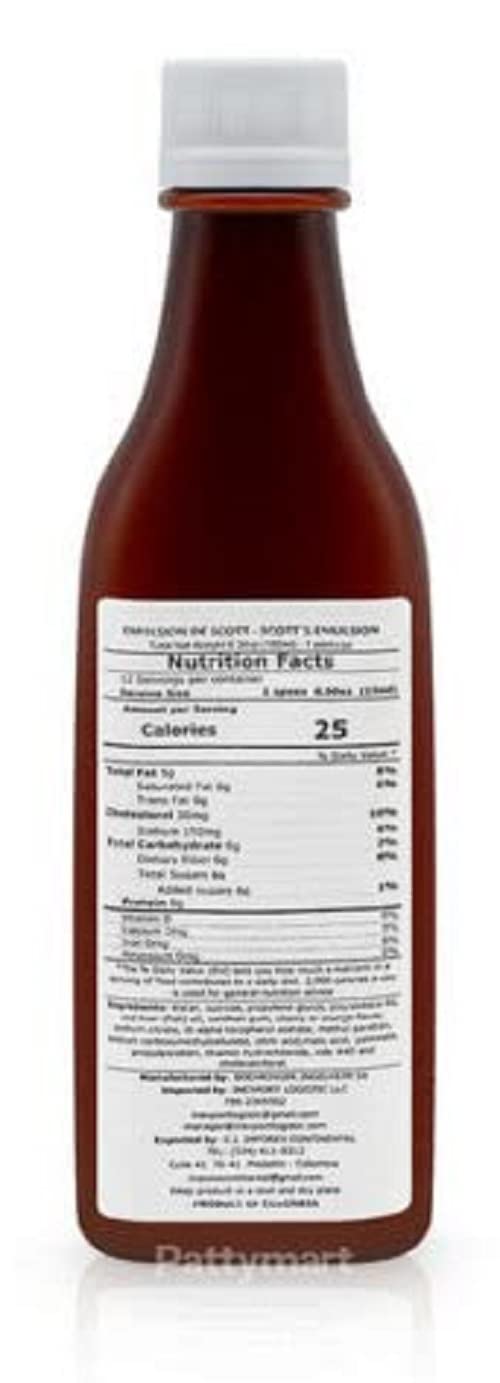 emulsion de scott spoon serving beside bottle, displays 5.03 ml serving size and portion guidance