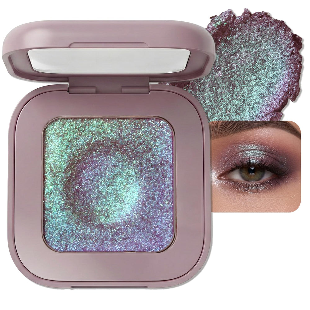 Enfuntins front view of single plum mauve compact shows portable design and bold shimmer