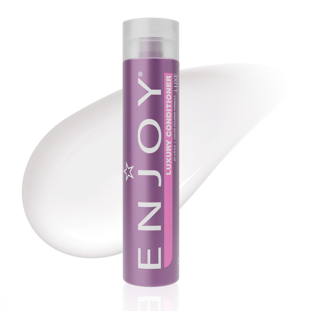Enjoy bottle front view showing label and elegant packaging benefit: clear product ID