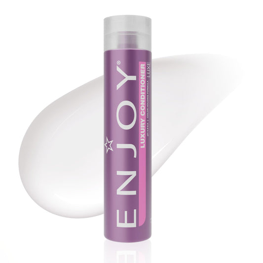 Enjoy bottle front view showing label and elegant packaging benefit: clear product ID