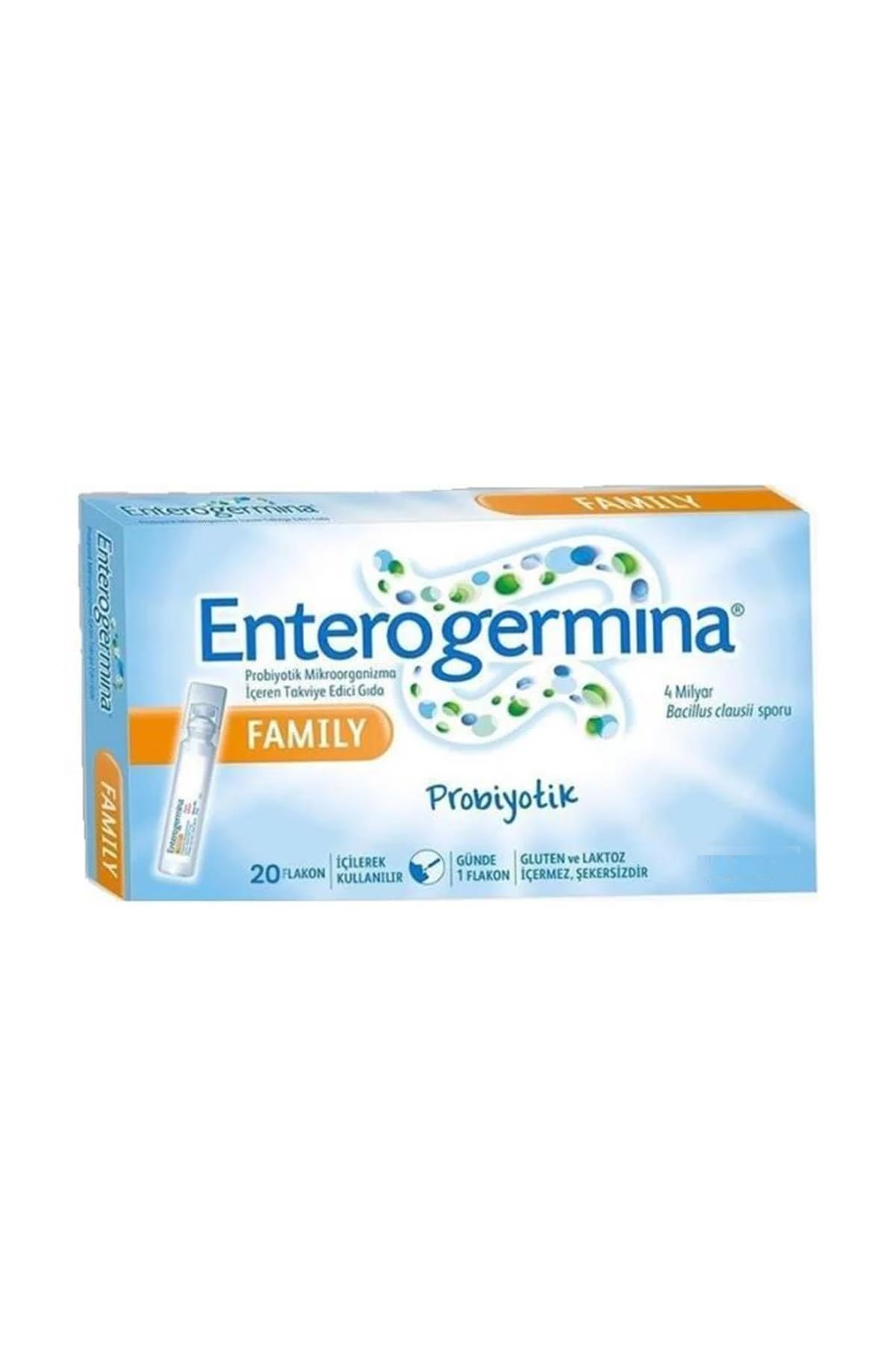 EnterogerminaAdult front packaging showing compact 20-vial box and easy portability benefit