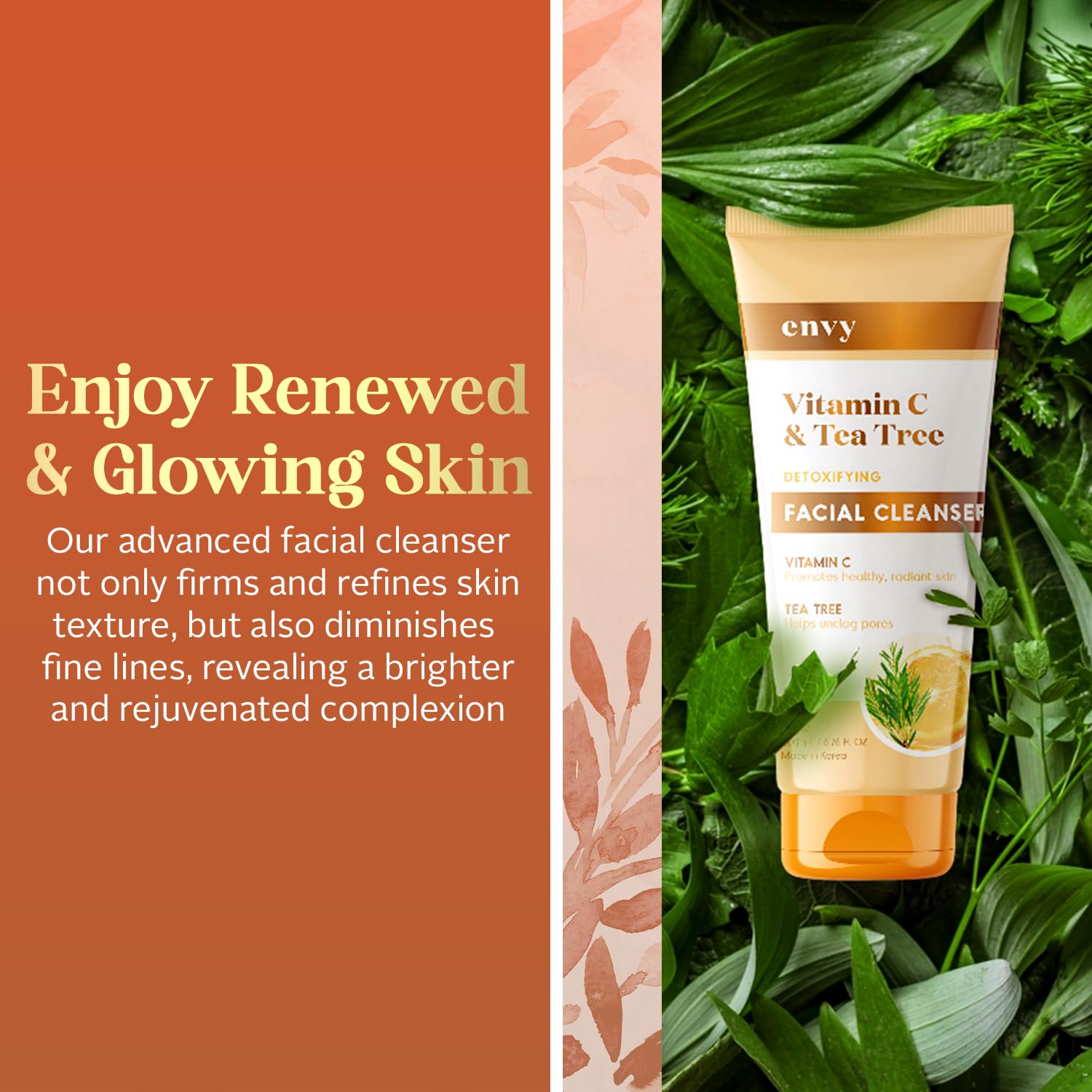 Envy cleanser pump and label detail highlighting clean-beauty ingredients and readability