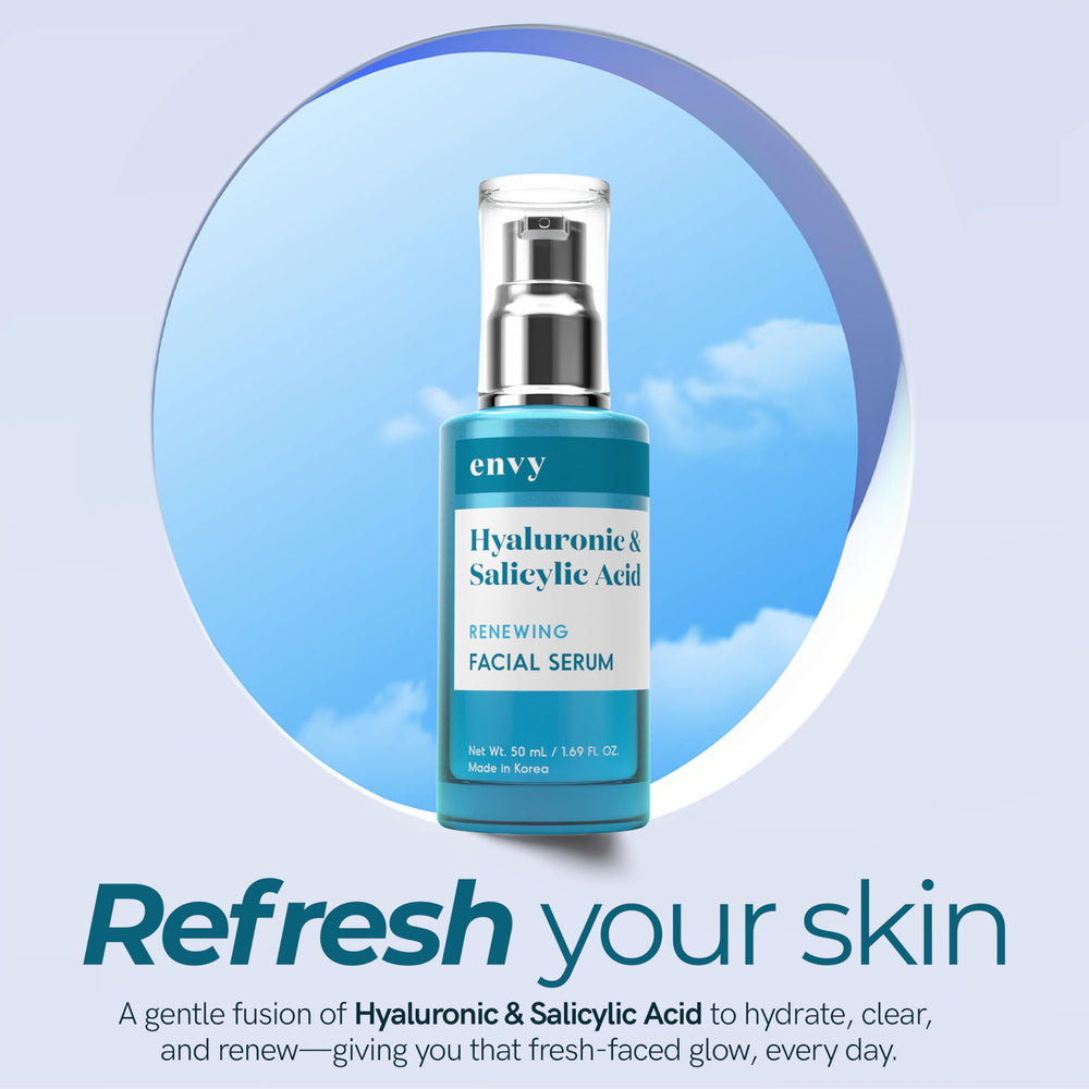 Envy serum applied to cheek, illustrates smooth finish and visible plumping effect on skin