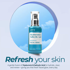 Envy serum applied to cheek, illustrates smooth finish and visible plumping effect on skin