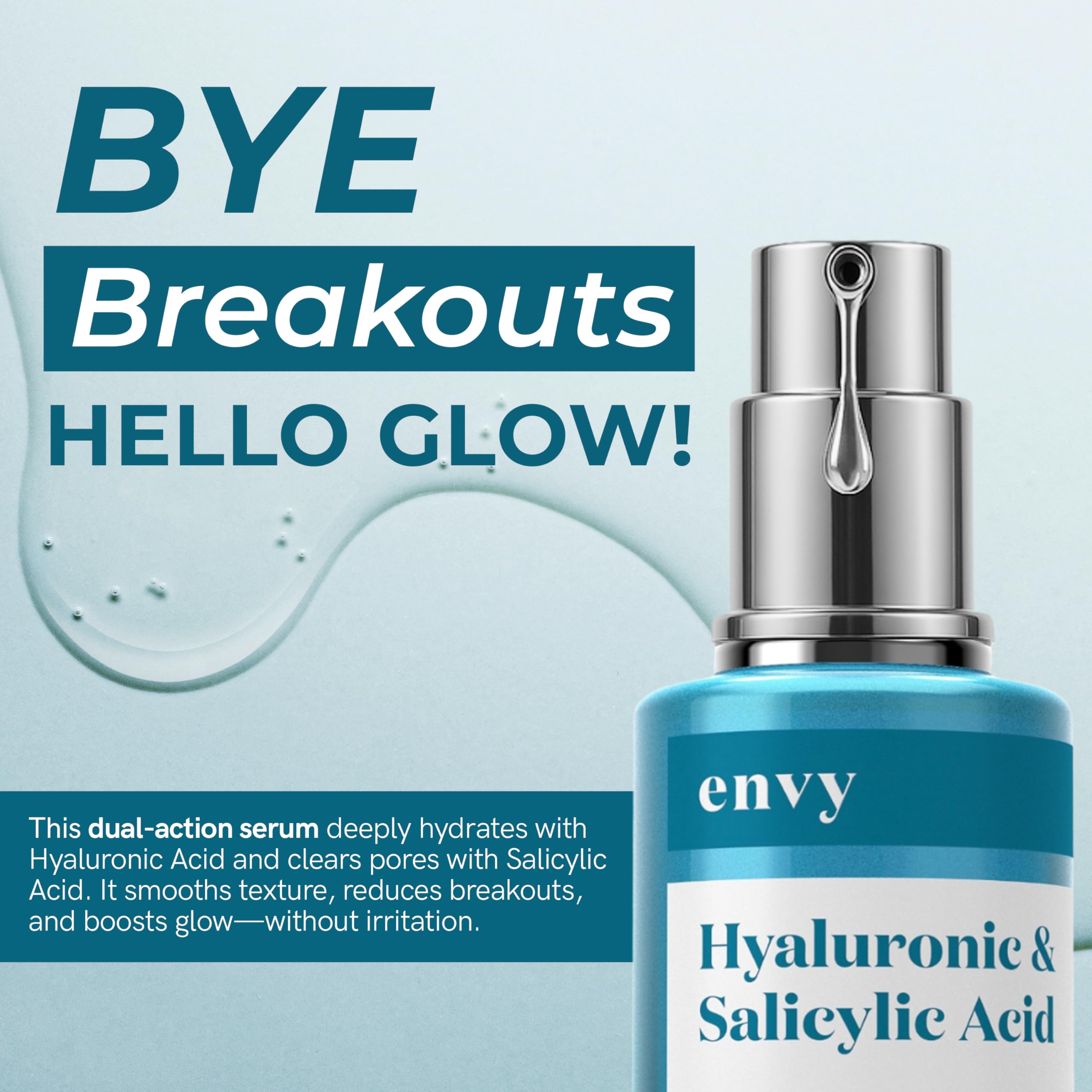 Envy dropper close-up dispensing clear serum, demonstrates precise application and lightweight texture