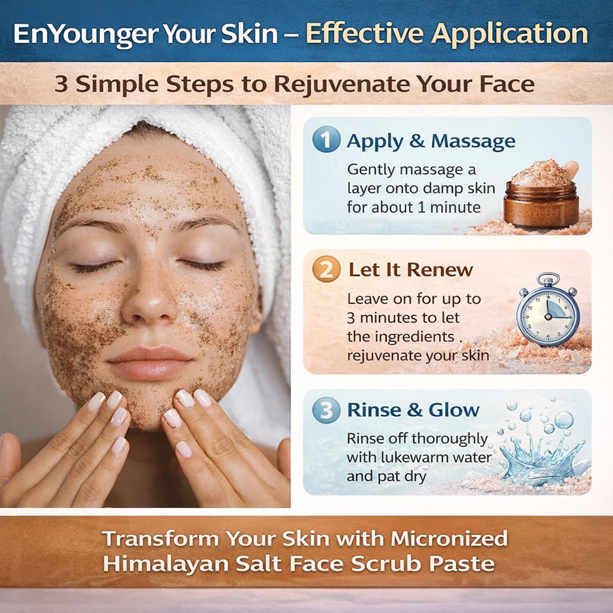 EnYounger applied to cheek demonstrating gentle exfoliation and smoother look