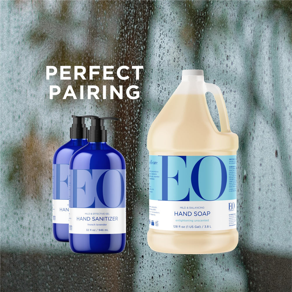 Everyone EO bathroom refill setup showing tidy bulk soap solution benefit