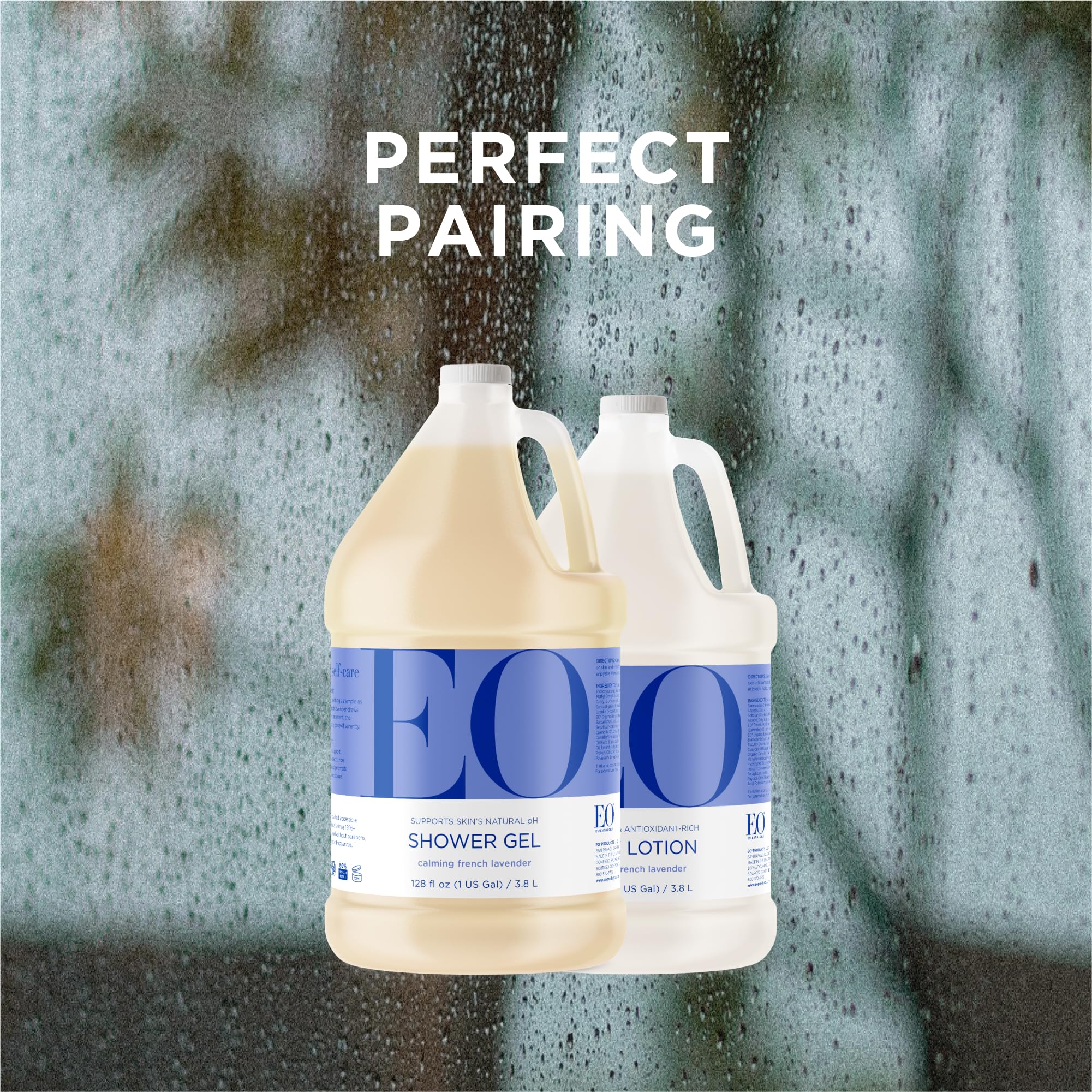 EO bottle on bathroom shelf creating a calming shower setup benefit