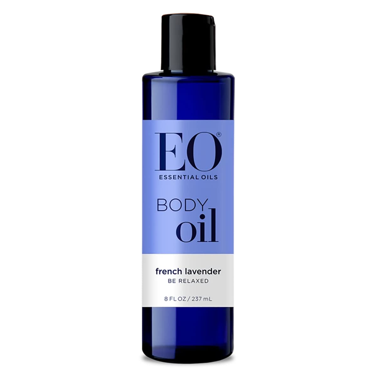 EO bottle front view showing label and lavender scent benefits