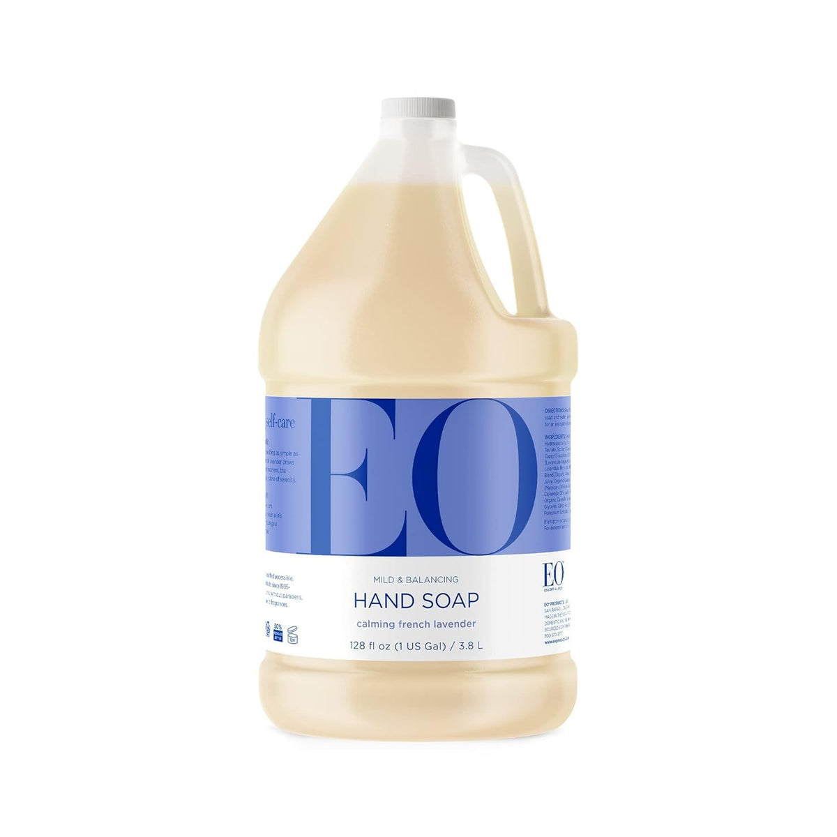 EO front packaging showing 128 oz bottle and calming lavender scent benefit