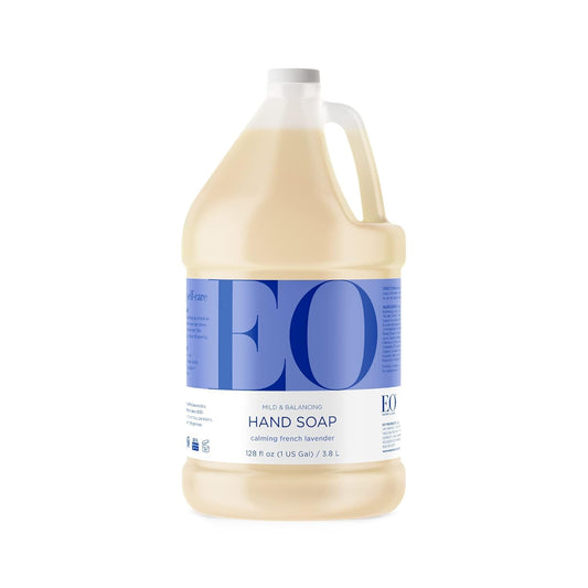 EO front packaging showing 128 oz bottle and calming lavender scent benefit