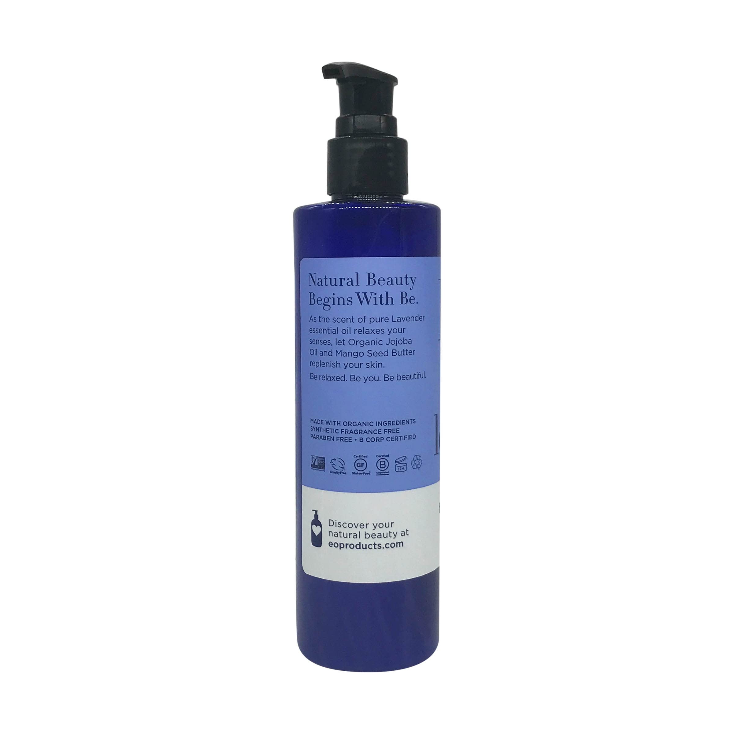 EO French Lavender lotion pouring from bottle demonstrating smooth texture for quick absorption