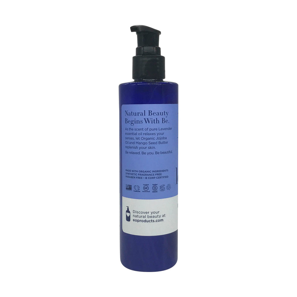 EO French Lavender lotion pouring from bottle demonstrating smooth texture for quick absorption