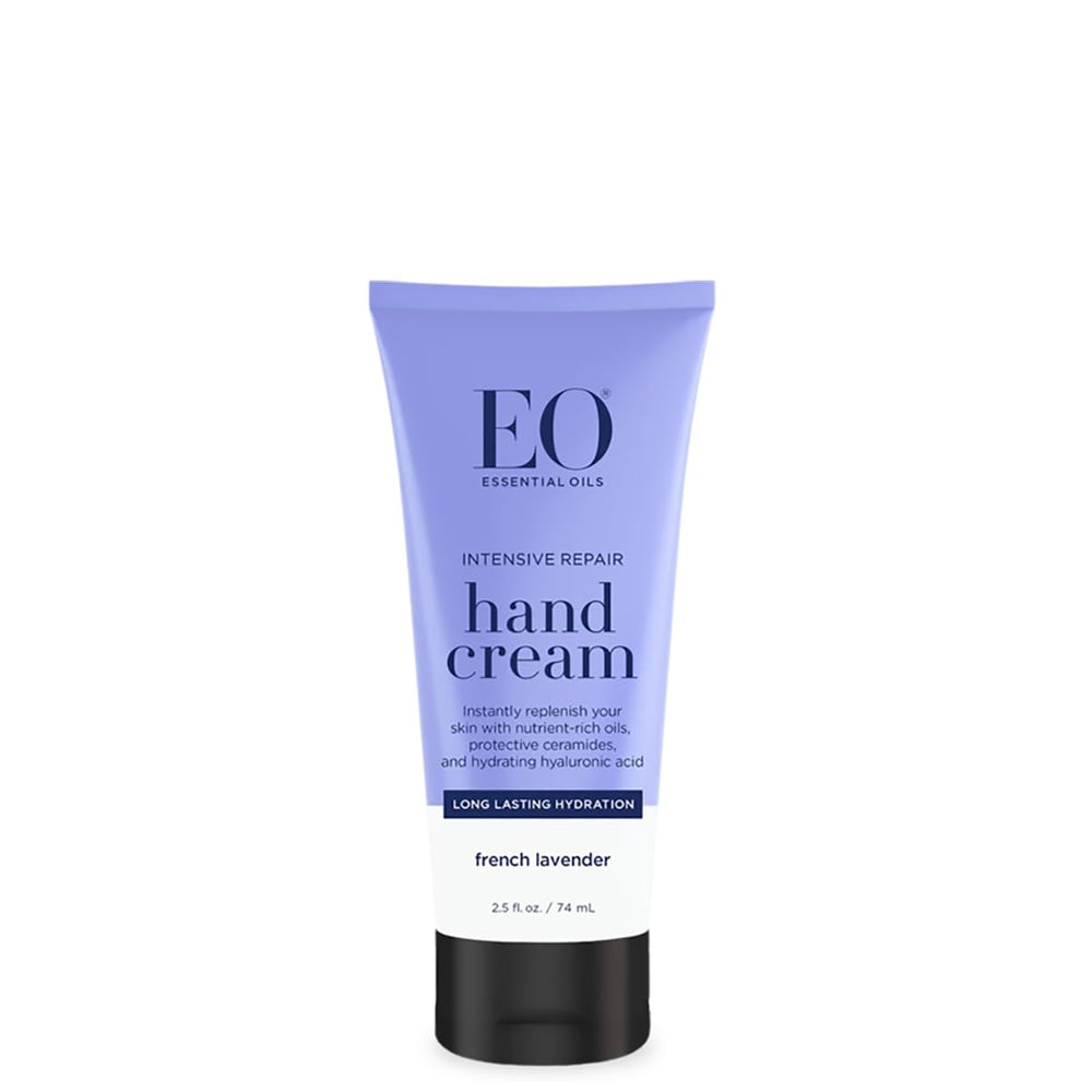 EO front packaging showing hand cream tube and clear product identity benefits