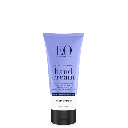 EO front packaging showing hand cream tube and clear product identity benefits