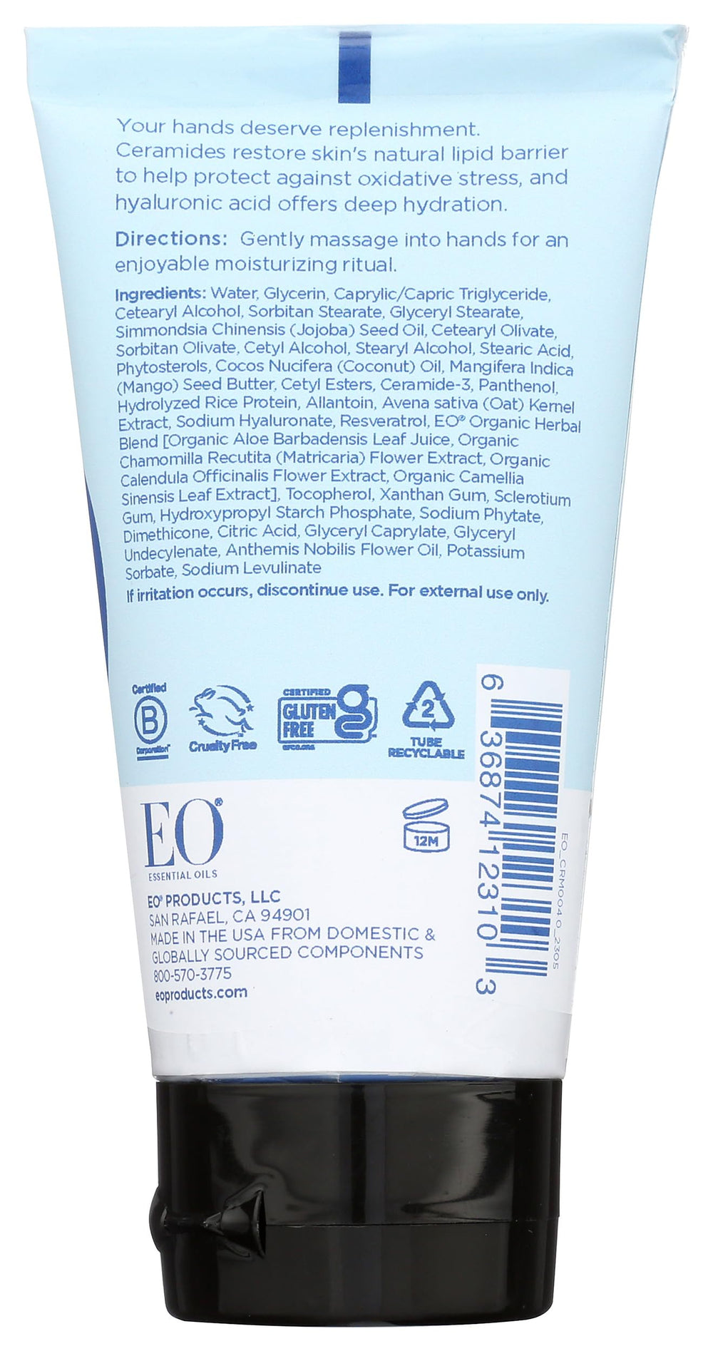 EO unscented hand cream texture close-up on hand illustrating quick-absorbing silky finish