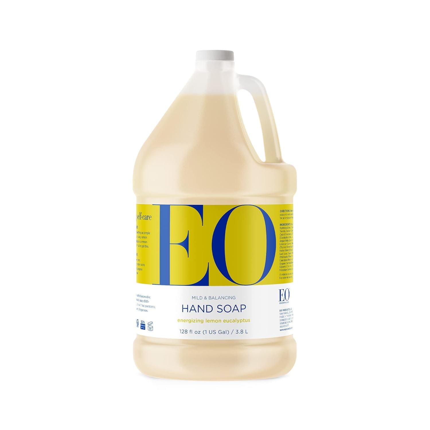 EO gallon bottle front view showing brand and lemon eucalyptus scent benefit